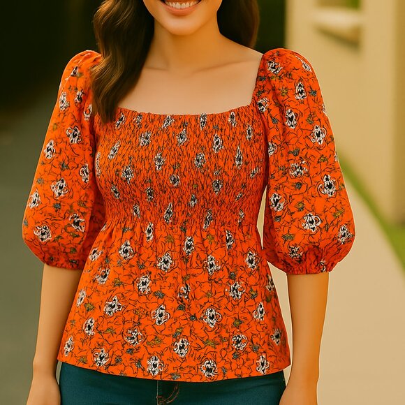 Eclair Orange Floral Smocked Peasant Boho Ditsy Blouse Size S NWOT - Picture 1 of 7